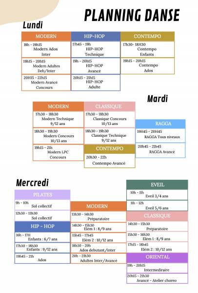 Planning Danse - Yoga - Pilates - Théâtre - Chant (enfant) - Orientale